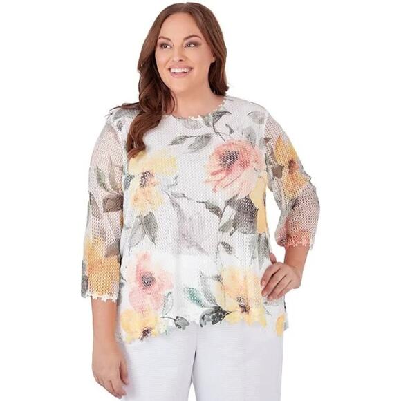 ALFRED DUNNER Charleston Top NWT Multi Colored Floral Net 3/4 Sleeve Top Sz 3X - Picture 1 of 9
